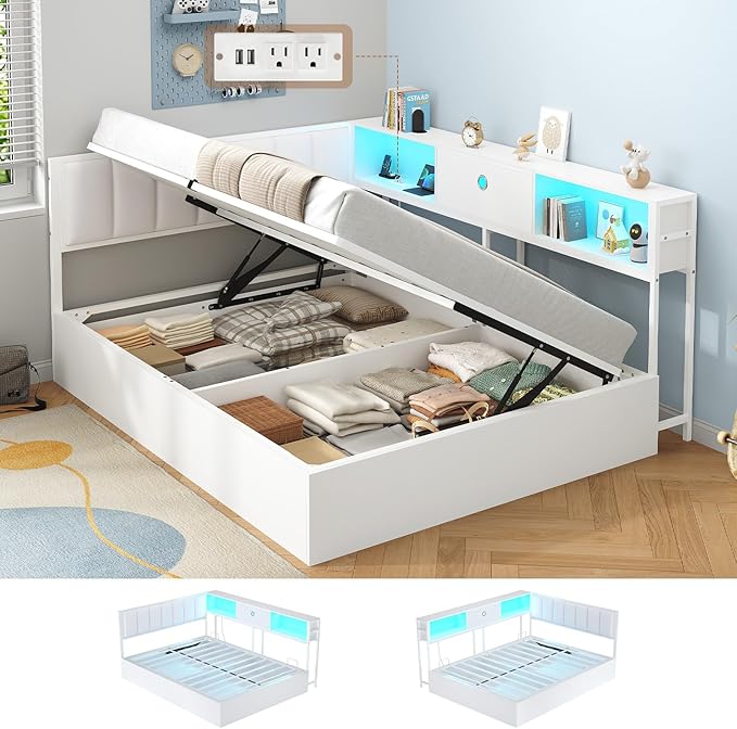 Hasuit Corner Full Lift Up Storage Bed Frame with Charging Station & LED Lights, Full Day Bed with Upholstered Headboard and Bookcase, Corner Beds with Hydraulic for Kids Teens Guests, White