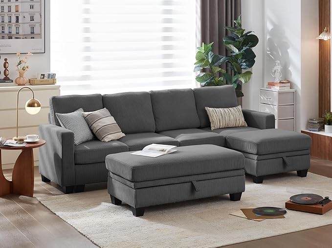 CHIC HOUSE Corduroy Modular Sectional Couch with Ottoman Chaise, L/U Shaped Sleeper Sofa for Living Room, Apartment, Lounge, Modern Armrest Neck Support Furniture (Dark Grey, 7 Seater Sectional)
