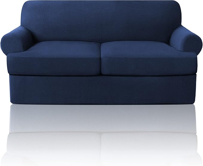 PrinceDeco T Cushion Loveseat Slipcover 3 Pieces Sofa Covers for T Cushion Sofa Stretch Slip Covers for 2 Cushion Couch with 2 Individual T Shape Seat Covers Width Up to 76"- Washable, Navy
