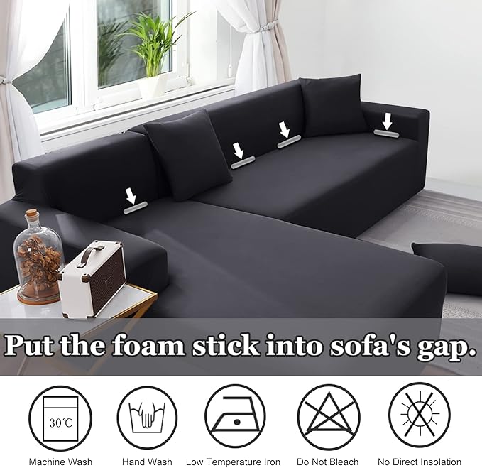 NAISI Couch Cover L Shape 2 Pieces Sofa Cover Soft Stretch Slipcovers with 2pcs Pillowcases Furniture Protector Sectional Couch Covers 3 Seater + 3 Seater(Dark Grey)