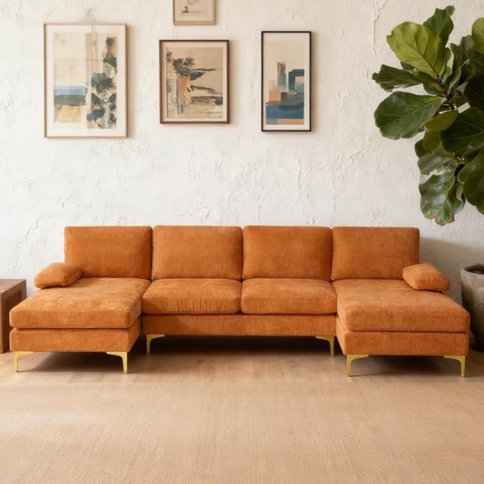 Karl home Convertible Sectional Sofa 110" U-Shape Sofa Couch 4-Seat Couch with Chaise ChenilleFabric Upholstered for Living Room, Apartment, Office, Orange
