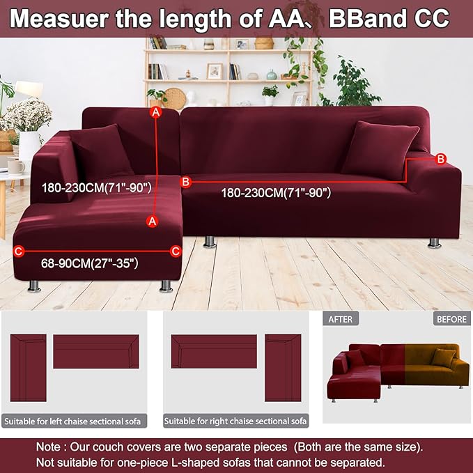 NAISI Couch Cover L Shape 2 Pieces Sofa Cover Soft Stretch Slipcovers with 2pcs Pillowcases Furniture Protector Sectional Couch Covers 3 Seater + 3 Seater(Burgundy)