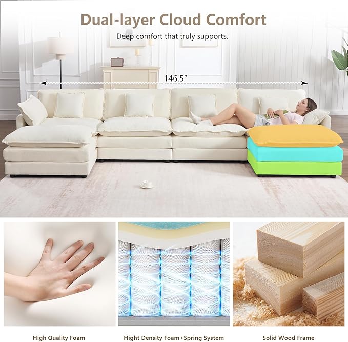 147" Modular Sectional Sofa, Oversized U Shaped Sectionals Cloud Couch, Big Comfy Couch with 2 Ottomans, 6 Seater Chenille Sectional Sofa with Deep Seat and 6 Pillows for Living Room- Beige