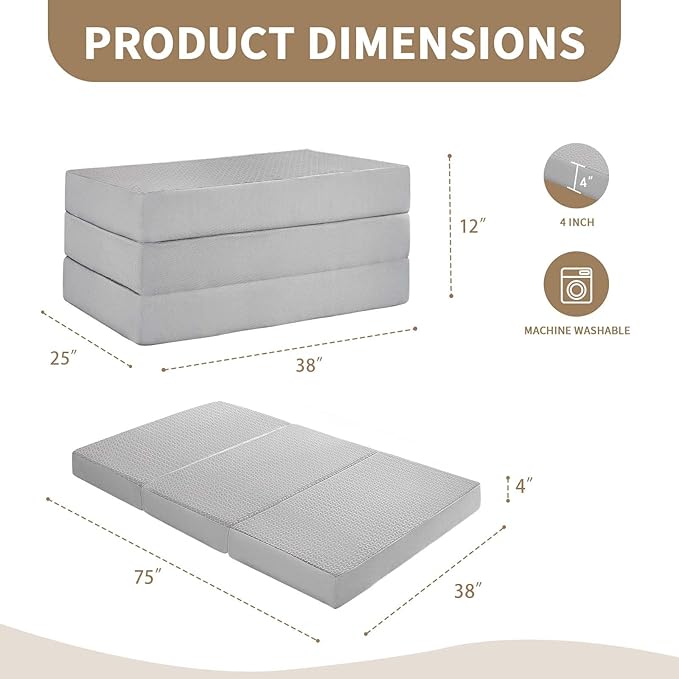 CYMULA Folding Mattress Twin, 6 Inch Memory Foam Tri-Fold Floor Bed and Futon, Twin Topper with Breathable & Washable Cover, Foldable Mattress for Guest Bed, Office Nap,Camping,Grey (38" x 75" x 6")