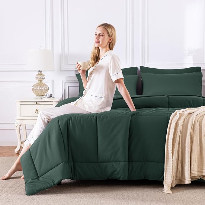 CozyLux Queen Comforter Set Forest Green, 7 Pieces Bed in a Bag, Green Comforters Queen Size, All Season Bedding Sets with Stitch Quilted Comforter, Flat Sheet, Fitted Sheet, Pillowcases