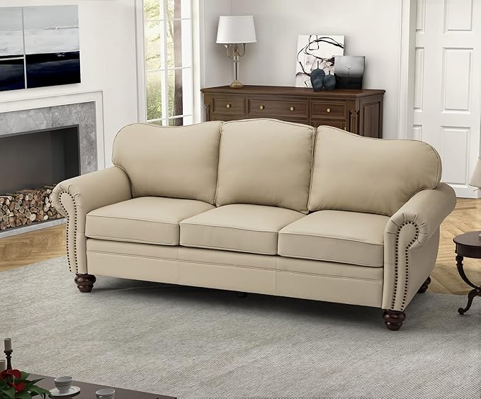 HULALA Home 81'' Genuine Leather Sofa with Nailhead Trim and Rolled Armrests, Mid-Century Modern Living Room 3-Seater Couch, Beige Couch with Removable Cushion for Bedroom Apartment