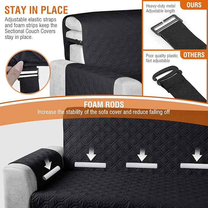 VANSOFY Sectional Couch Covers 100% Waterproof L Shaped Sofa Slipcover 3pcs Reversible Chaise Lounge Cover for Sectional Sofa Furniture Protector Cover for Pets Cat Dog(Large, Blcak)