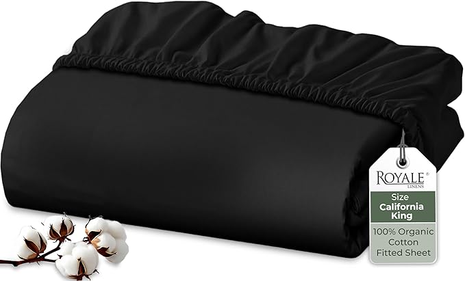 Royale Linens 100% Organic Cotton Fitted Sheet - Percale Weave - Super Soft Deep Pocket Bottom Sheets - Black Elastic Sheet King Cal Size - California King Fitted Sheets Only - (72"x84"+15", Black)