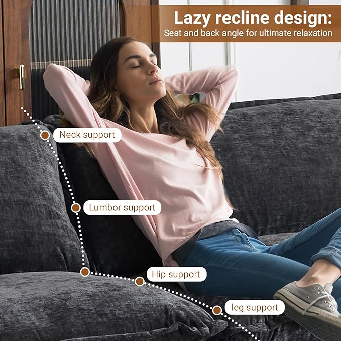 VINGLI 122" Cloud Double-Layer Deep Convertible Sectional Sofa, Comfy L-Shape 3-Seat Couches for Living Room, Modern Couch with Two Movable Ottoman for Small Space, Chenille Black