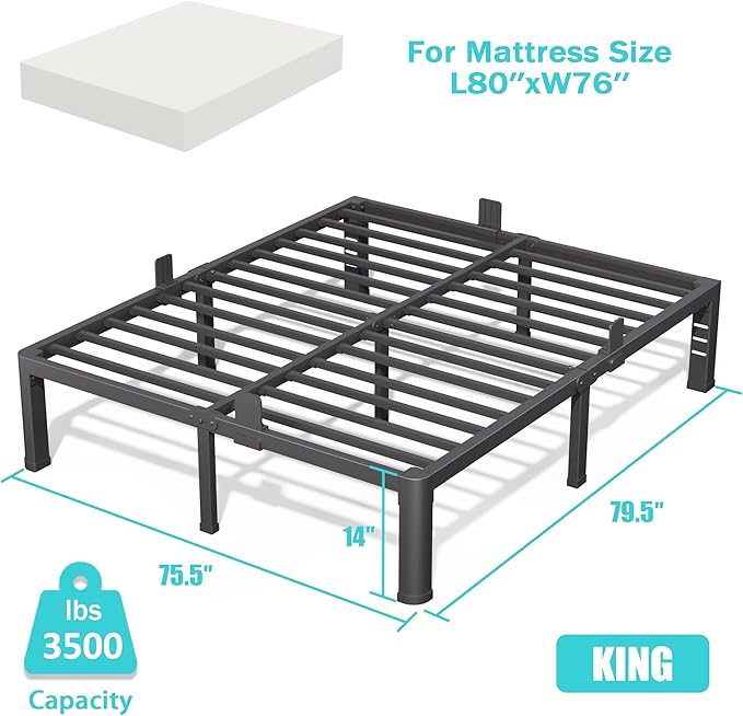 Firpeesy 14 Inch King Bed Frame with Rounded Corner and Headboard Hole Mattress Retainers 3500 lbs Heavy Duty Support Metal Platform Bed Frame Noise Free No Box Spring Needed Easy Assembly