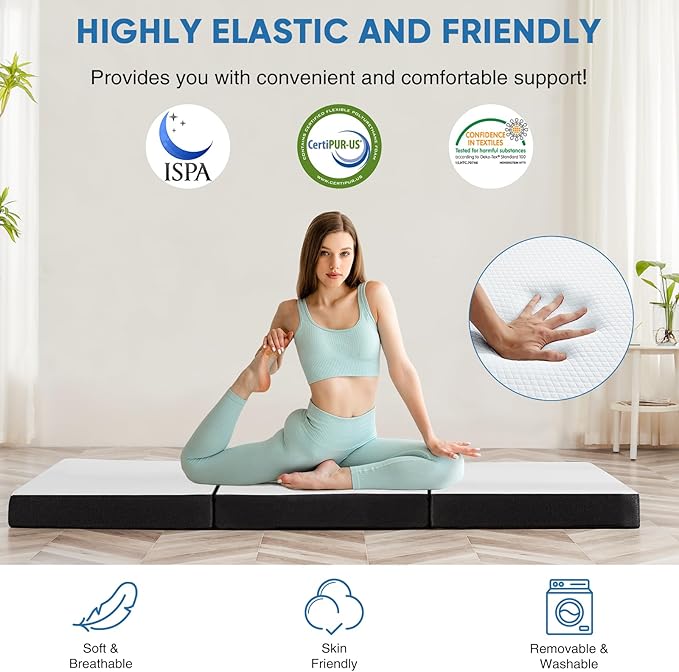 OLIXIS Tri-fold Memory Foam Mattress - 3 Inch Full Size Portable Floor Bed, Foldable Mat for Adults, Collapsible and Washable Cover with CertiPUR-US Certified, for Travel & Camping & Yoga