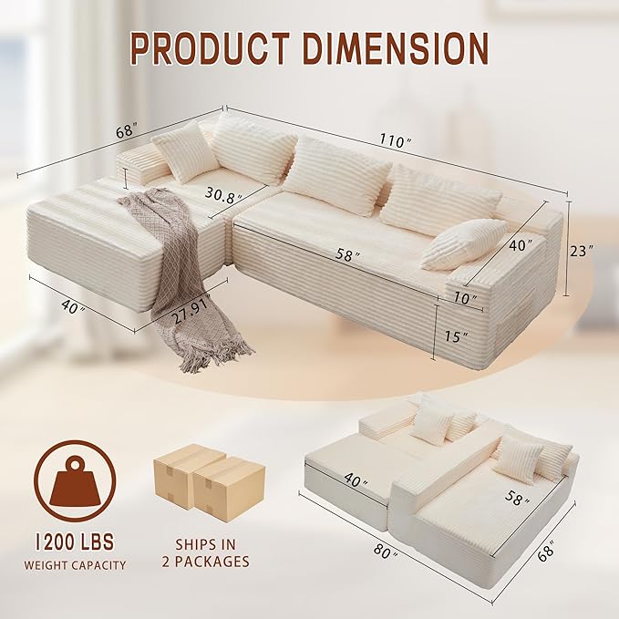 110" L-Shaped Modular Sectional Sofa with Chaise, Boneless Comfy Corduroy Fluffy Couch with Deep Seat and Side Pockets, Flexible Module Combination for Living Room, No Assembly, Side Pockets