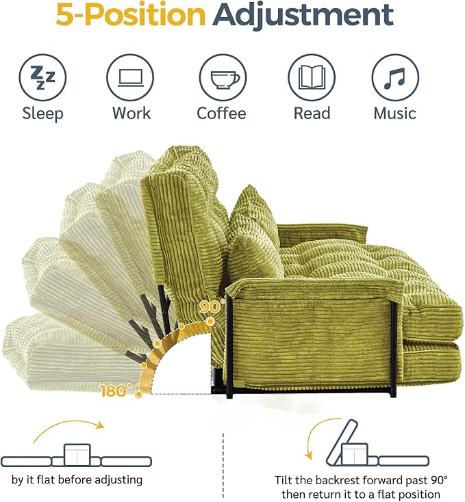 MAXYOYO Adjustable Floor Sofa Couch with 2 Pillows, Multi-Functional Bean Bag Bed, 5-Position Foldable Lazy Sofa Sleeper Bed with Armrest, Versatile Floor Seating for Reading, Green, Double