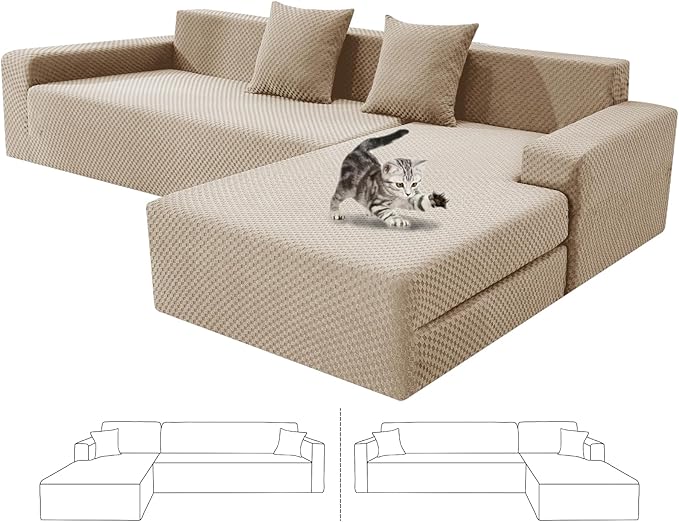 ZNSAYOTX Sectional Couch Covers, Stretch Jacquard Slipcovers with Elastic Bottom for L-Shape Sectional Sofa, 2 Pcs Pet Friendly Modular Sofa Protector (3 Seat Couch + 2 Seat Chaise)