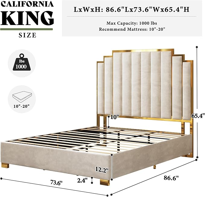 AMERLIFE California King Size Upholstered Bed, Modern Velvet Bed Frame with 65.4” Tall Gold Trim Headboard, No Box Spring Needed, Cream