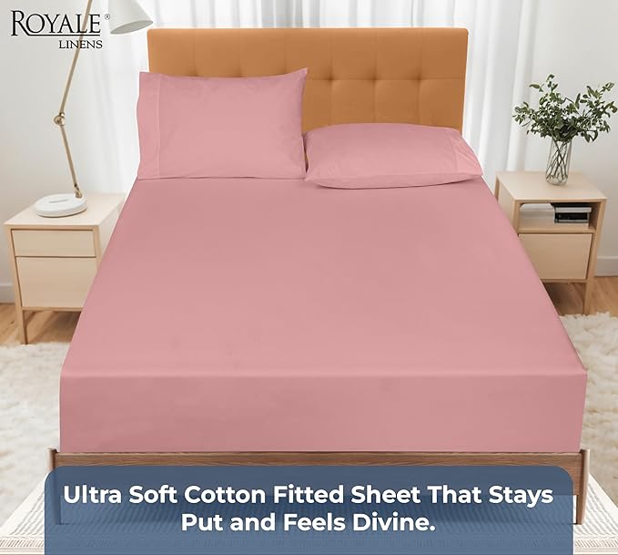 Royale Linens 100% Organic Cotton Fitted Sheet - Percale Weave - Super Soft Deep Pocket Bottom Sheets - White Elastic Sheet King Size - King Fitted Sheets Only - (78"x80"+15", Pink)