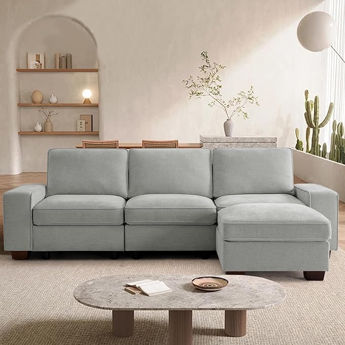 TEKAMON 100" Modular Sectional Sofa with Seats Storage, L Shape Couch with Movable Ottoman for Living Room, Couch with Chaise, Solid Wood Frame, Spring Cushions, USB Port, Removable Covers, LightGrey