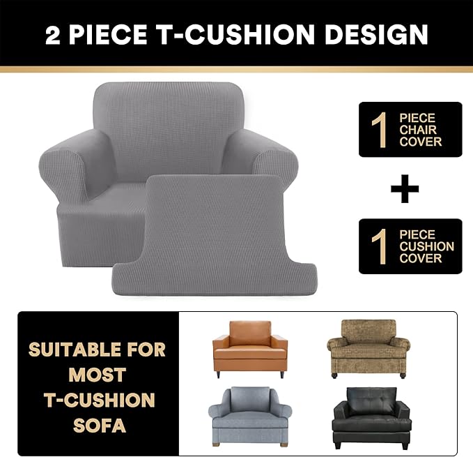 PrinceDeco 2 Pieces T Cushion Chair Slipcover Stretch Couch Covers for T Cushion Sofa Slipcovers Chair Covers Armchair with 1 Individual T Shape Seat Covers Width Up to 40", Dove