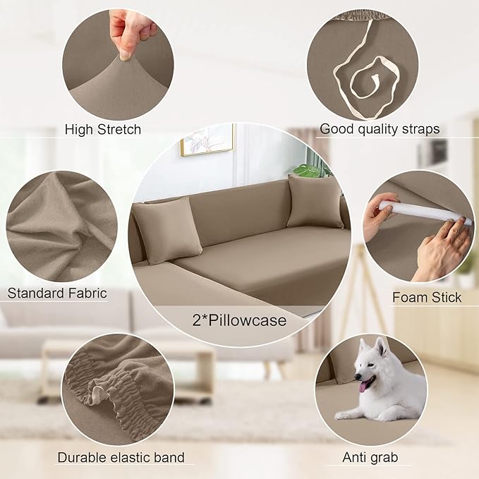 NAISI Couch Cover L Shape 2 Pieces Sofa Cover Soft Stretch Slipcovers with 2pcs Pillowcases Furniture Protector Sectional Couch Covers 3 Seater + 3 Seater(Tan)