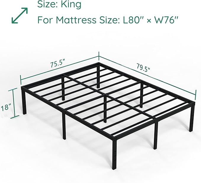 DiaOutro 18 Inch King Bed Frame Heavy Duty Metal Platform No Box Spring Needed, Maximum Storage, Easy Assembly, Noise Free, Black