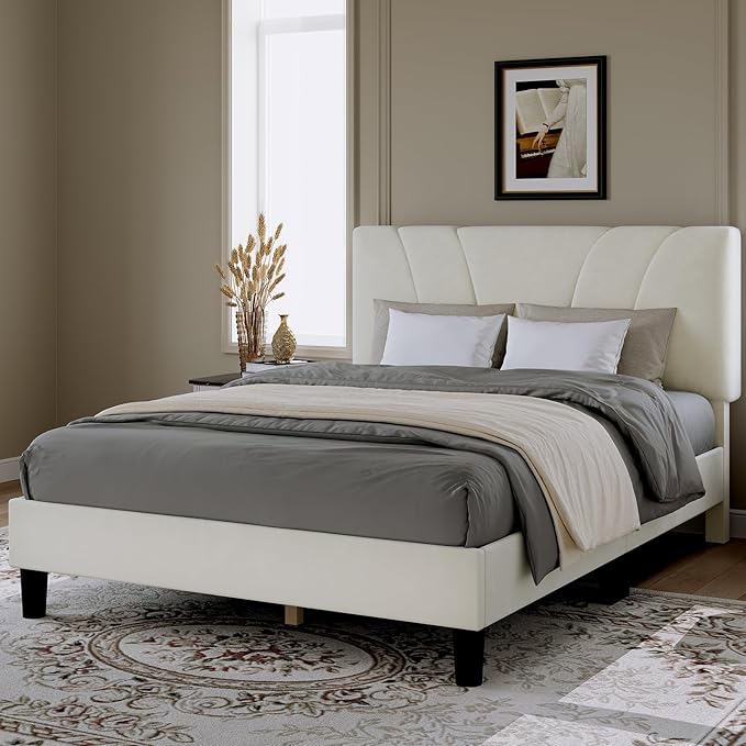 Novilla Full Size Bed Frame with Headboard, Full Bed Frame with Wooden Slats Support, Velvet Upholstered Headboard, No Box Spring Needed, Heavy Duty Feet, Easy Assembly, White Velvet