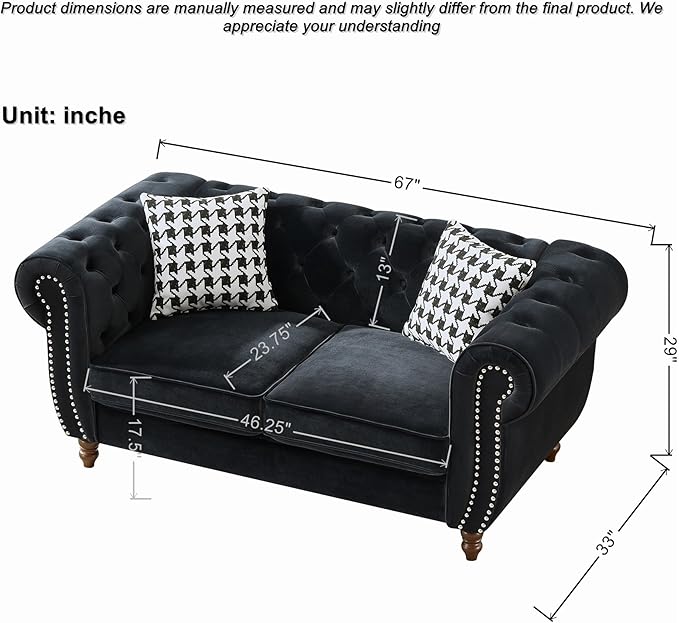 Comfortable Straight-Row Sofa with 2 Pillows,67" Refined Velvet 2 Seat Sofa with Roll Armrest & Nailhead,Sturdy Structure Upholstered Loveseat Couch for Apartment,Office,Reception Area,Black