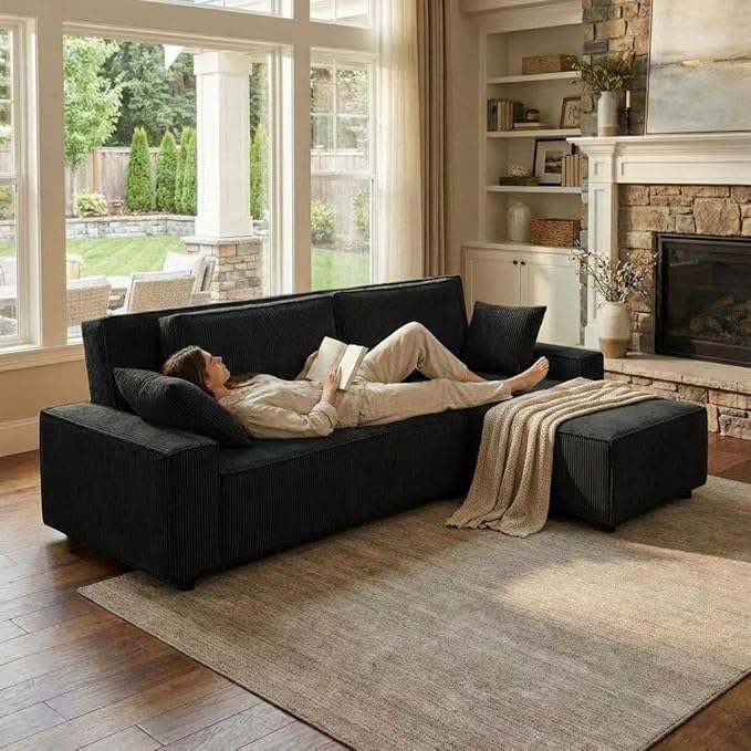 GAOMON Fine Stripe Corduroy Sectional Sofa, l Shaped Modern Corduroy Couch, Comfy Sofa Couch with Deep Chaise for Living Room, Apartment, Hotel, 96" w*61" d*32" h, Black