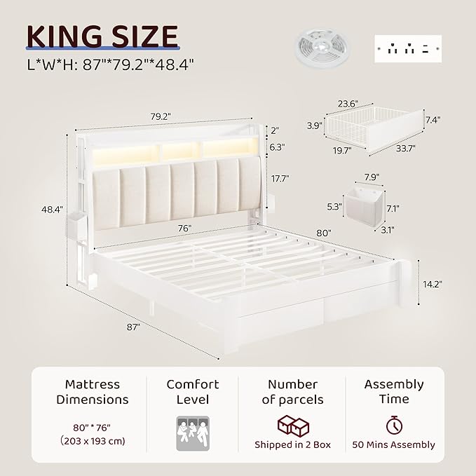 BRELTAM King Size Bed Frame with 2 Storage Drawers, Wood Platform Bed Frame with 2-Tier Storage Headboard Built in Charging Station & LED Light,Noise-Free/Metal Support/No Box Spring Needed,White