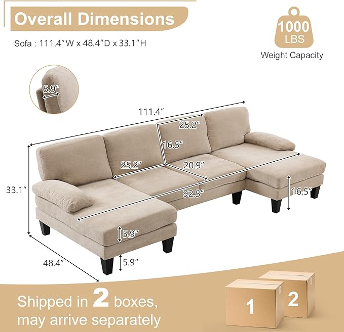 Karl home 111" Sectional Sofa U-Shaped 4-Seat Couch with Chaises Wood Grian Legs Chenille Fabric Upholstered for Living Room, Apartment, Office, Khaki