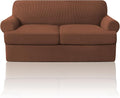 PrinceDeco T Cushion Loveseat Slipcover 3 Pieces Sofa Covers for T Cushion Sofa Stretch Slip Covers for 2 Cushion Couch with 2 Individual T Shape Seat Covers Width Up to 76"- Washable, Caramel