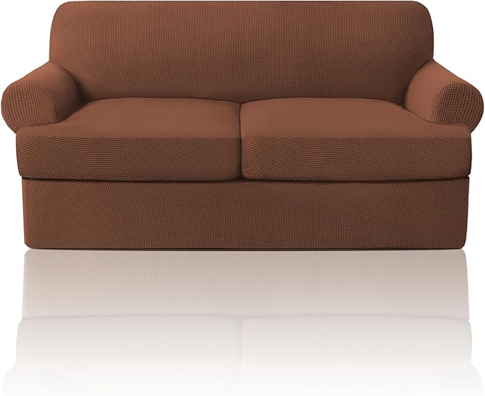 PrinceDeco T Cushion Loveseat Slipcover 3 Pieces Sofa Covers for T Cushion Sofa Stretch Slip Covers for 2 Cushion Couch with 2 Individual T Shape Seat Covers Width Up to 76"- Washable, Caramel