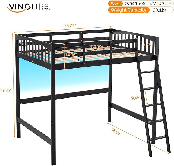 VINGLI Loft Bed Twin Size with USB Charging Station/LED, Solid Wood Single Loft Bunk Bed with Flat Rungs for Kids/Teens/Adults, 15 inches High Guardrail,Wood Slat Support No Box Spring Needed, Black