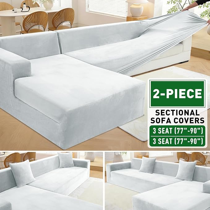 ZNSAYOTX 2026 Soft Velvet Sectional Couch Covers, Luxury Plush Slipcovers with Elastic Bottom for L Shape Sectional Sofa, 2 Pcs Pet Friendly Protector (3 Seat Couch + 3 Seat Chaise, Silver Grey)