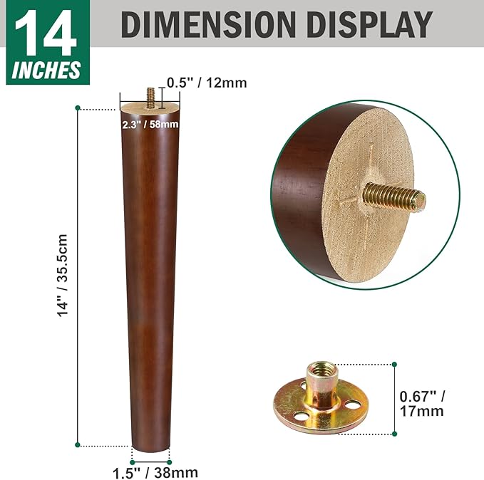FoDau770 Brown Rubber Wood Furniture Legs 14 Inches, Straight Tapered Wood Feet Mid Century Sofa Legs Set of 4, 5/16" UNC Furniture Feet for Cabinet Couch Dresser Chair Ottoman Table