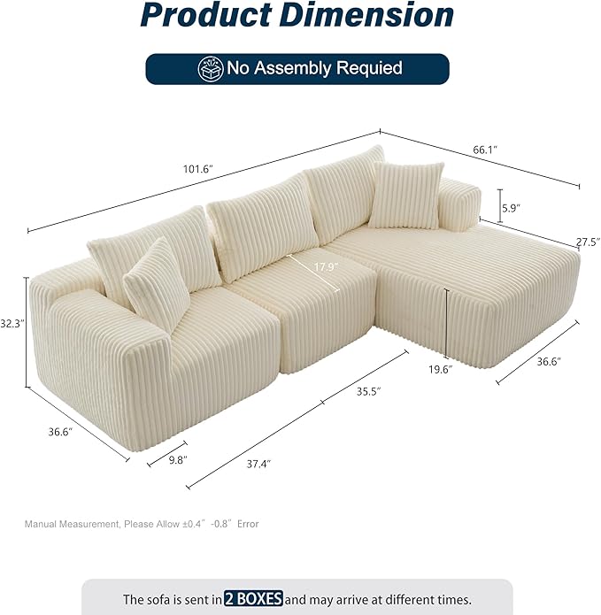 3 Seater L Shaped Sofa with Deep Seat, 101" Cloud Sectional Couch with Chaise, Cozy Modular Couches Sleeper, Oversized Corduroy Sofa for Living Room Bedroom Apartment, Beige