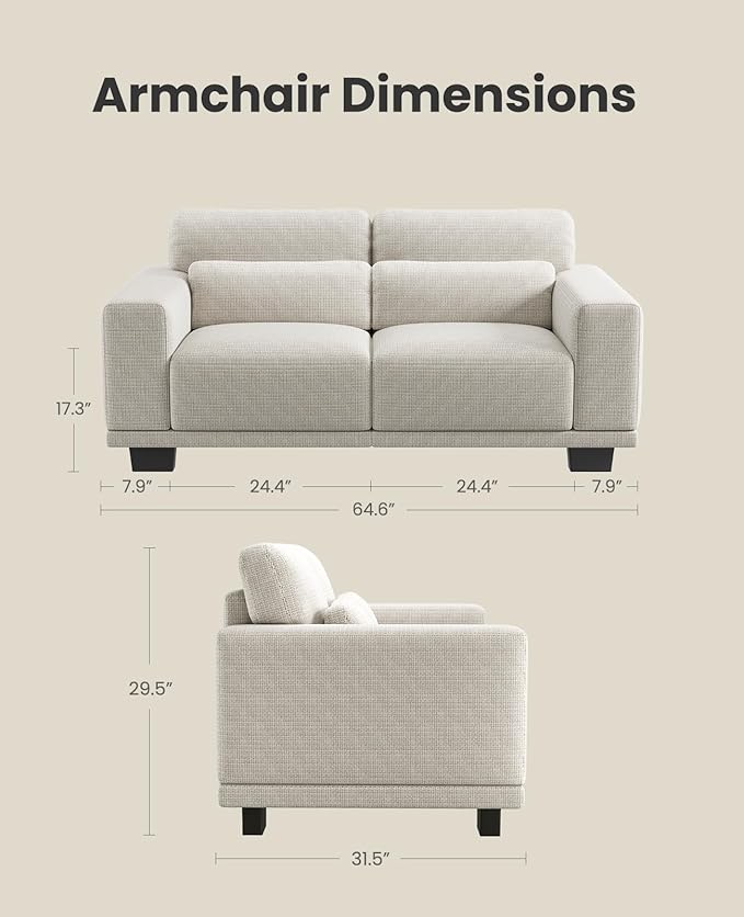 Amada 65" Loveseat Sofa, 2 Seater Couch Sofa for Living Room, Modern Sofa with Wide Armrests & Deep Seats, Comfy Couch with Removable Washable Covers & Linen Fabric, Easy Assembly (White, 2 Seater)