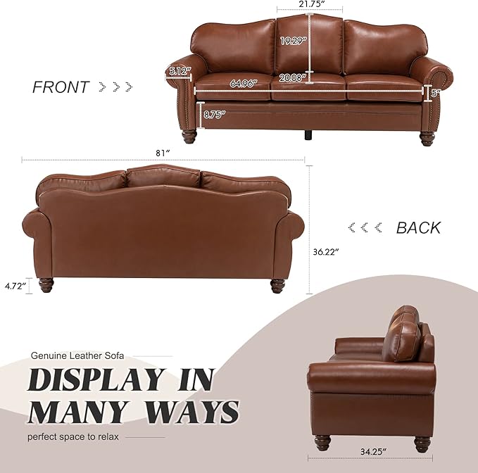 HULALA Home 81'' Genuine Leather Sofa with Nailhead Trim and Rolled Armrests, Mid-Century Modern Living Room 3-Seater Couch, Brown Couch with Removable Cushion for Bedroom Apartment