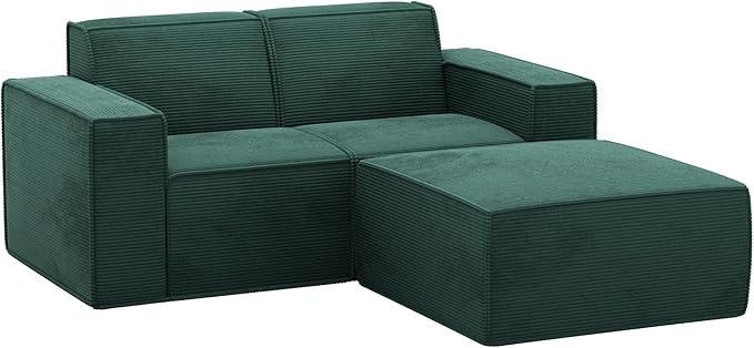 Cozy Castle 71" Loveseat Sofa, L Shaped Comfy Corduroy Boneless Couch with Deep Seat and Ottoman Chaise Cloud Sofa Upholstered Couches for Living Room Bedroom No Assembly Required (Green)