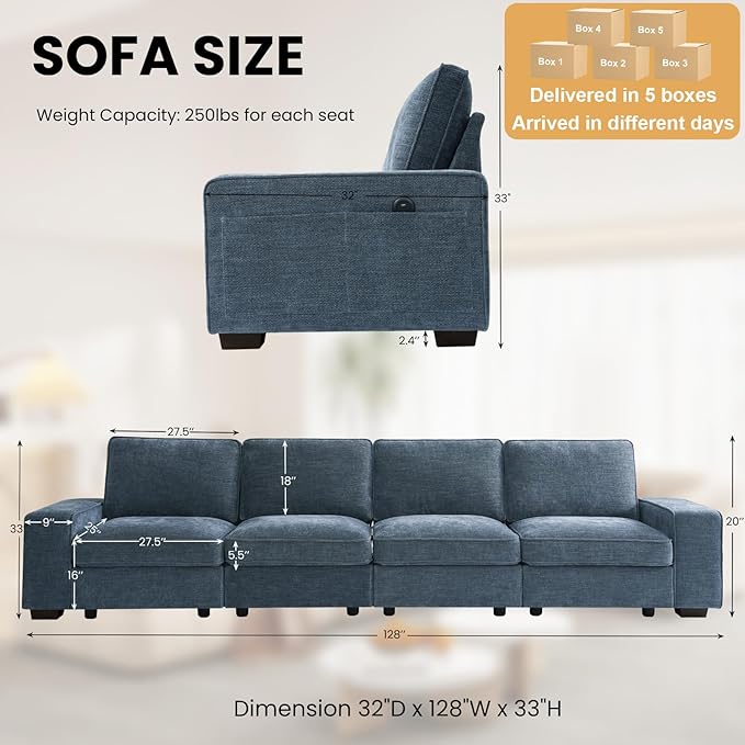 TEKAMON 128" Modular Sofa Couch with Seat Storage, Modern Comfy 4-Seater Long Couch for Living Room, Office, Apart, Chenille Sofa, Wide Armrest, USB Charging, Pockets, Washable Covers (Blue)