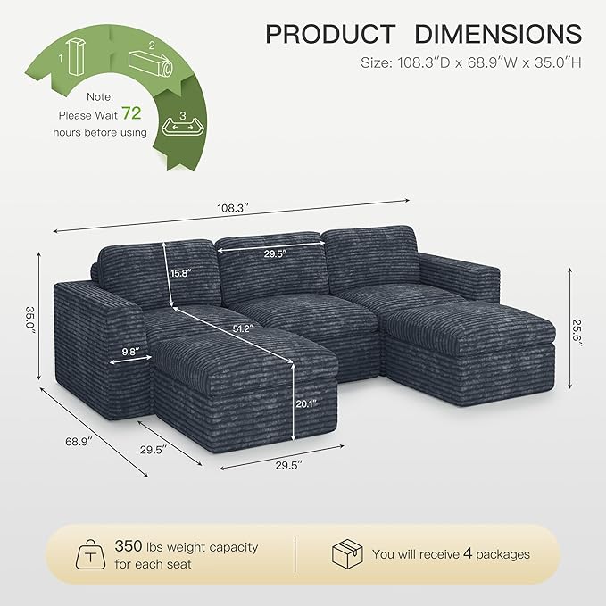 Belffin Boneless Modular Cloud Sectional Couch with Deep Seat Plush Corduroy 3-Seater Boneless U Shaped Couch with Ottoman No Assembly Required. Grey Sofa