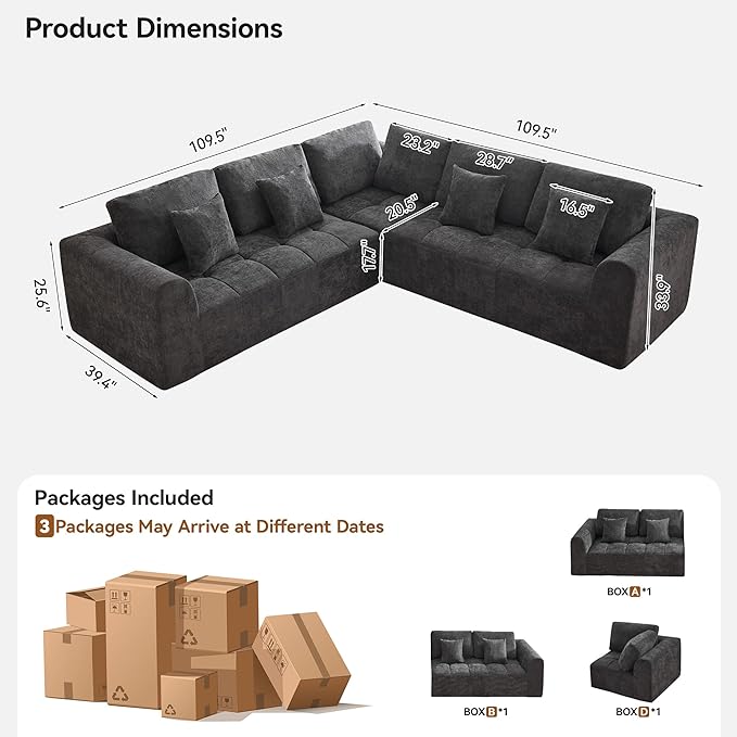 110''Modular Sectional Couches for Living Room, Cloud Boneless Compressed Sectional Sofa, Oversized L Shaped 5 Seater Upholstered Memory Foam Sofa, No Assembly, Chenille Grey