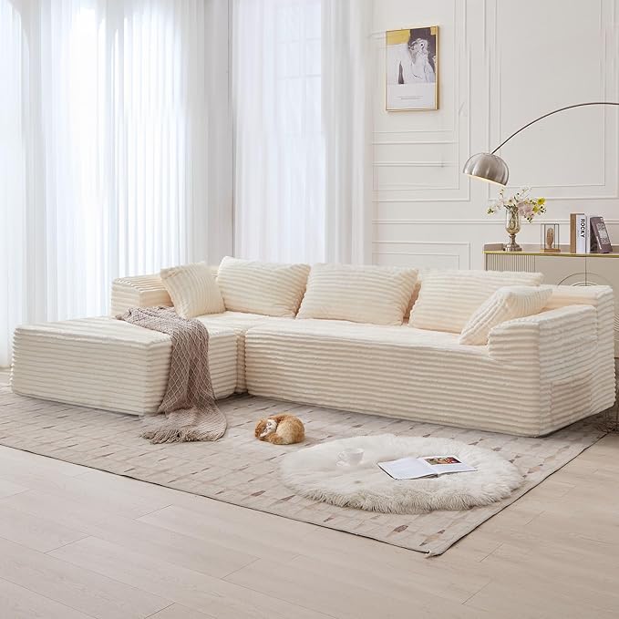 110" L-Shaped Modular Sectional Sofa with Chaise, Boneless Comfy Corduroy Fluffy Couch with Deep Seat and Side Pockets, Flexible Module Combination for Living Room, No Assembly, Side Pockets