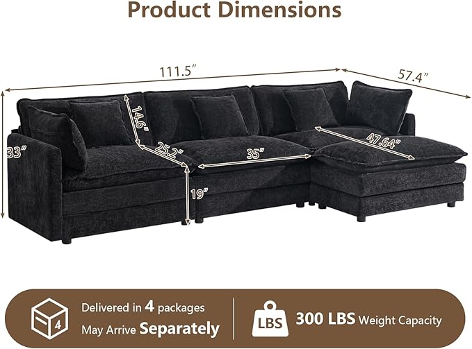 111.5" Modular Sectional Sofa, Large L Shaped Sectionals Cloud Couch, Big Comfy 3-Seat Couch with Ottoman, 4 Seater Chenille Sectional Sofa with Deep Seat and 5 Pillows for Living Room- Black