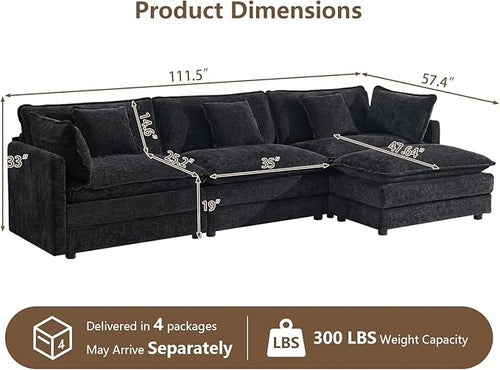 111.5" Modular Sectional Sofa, Large L Shaped Sectionals Cloud Couch, Big Comfy 3-Seat Couch with Ottoman, 4 Seater Chenille Sectional Sofa with Deep Seat and 5 Pillows for Living Room- Black