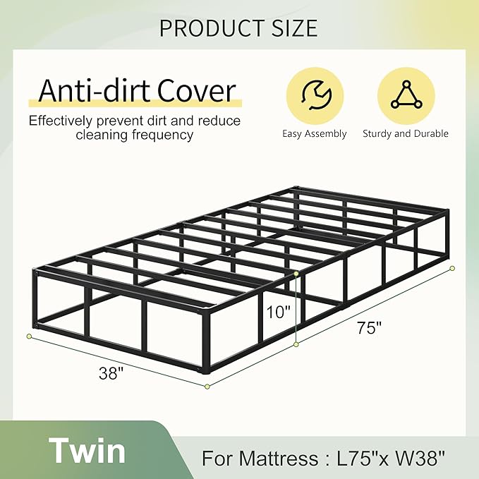 Lutown-Teen 10 Inch Twin Box Spring High Profile, Heavy Duty Metal Box Spring Twin Bed Base with Fabric Cover, Mattress Foundation, Noise Free, Easy Assembly