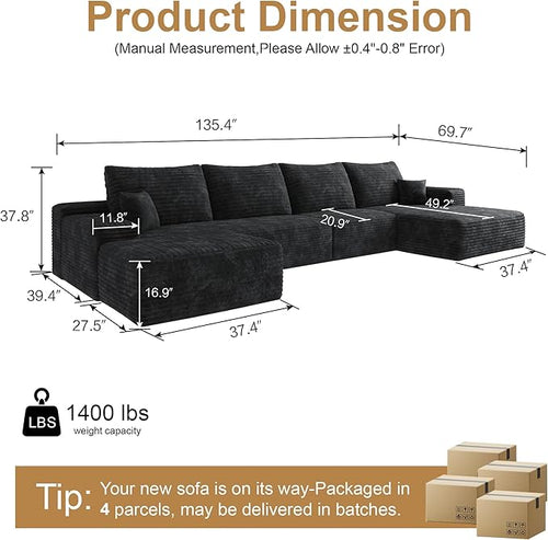 136" Sectional Couches for Living Room Cloud Couch Sofa with L-Shape Upholstered Boneless Couchs Modern Modular Sectional Couch with Chaise (Black, 136" Right Facing Chaise+3Seaters+Ottoman)
