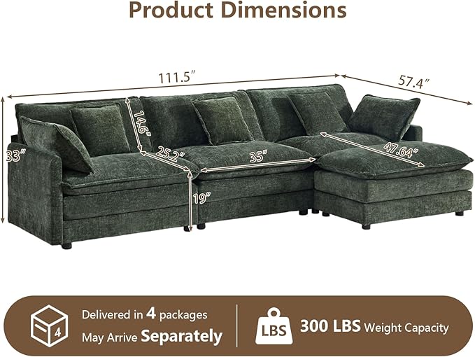 111.5" Modular Sectional Sofa, Large L Shaped Sectionals Cloud Couch, Big Comfy 3-Seat Couch with Ottoman, 4 Seater Chenille Sectional Sofa with Deep Seat and 5 Pillows for Living Room- Green