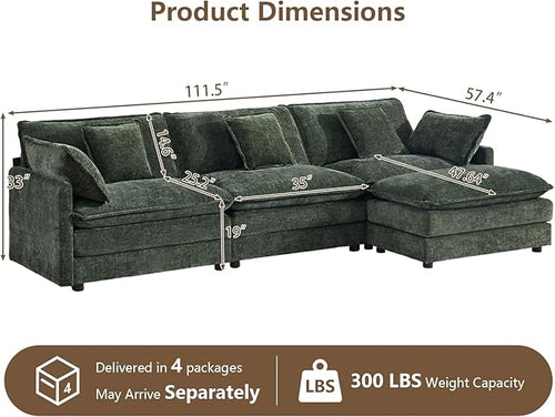 111.5" Modular Sectional Sofa, Large L Shaped Sectionals Cloud Couch, Big Comfy 3-Seat Couch with Ottoman, 4 Seater Chenille Sectional Sofa with Deep Seat and 5 Pillows for Living Room- Green