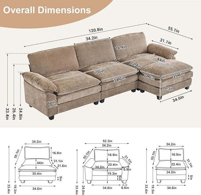 Karl home Chenille Modular Sectional Sofa 3 Seats with 1 Ottomans Sofa Couch L-Shaped Design, Comfy Upholstered Furniture for Living Room, Apartment, Studio, Office, Light Brown