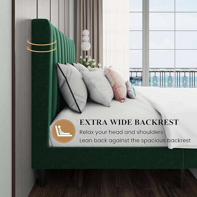 SHA CERLIN Full Bed Frame/Velvet Upholstered Platform Bed Frame with Headboard/Strong Wood Slats Support/Mattress Foundation/No Box Spring Needed - Green